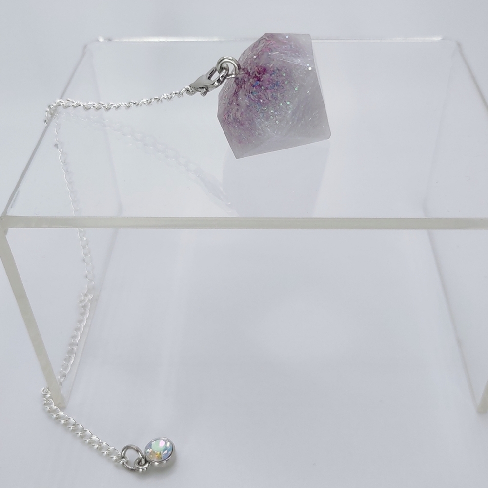 Berries and ice purple glitter inside pearly white handcrafted dowsing pendulum